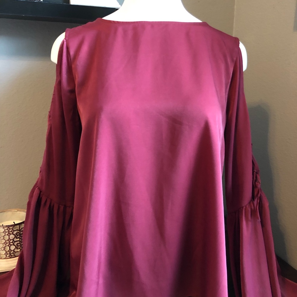 Burgundy lace up cold shoulder blouse